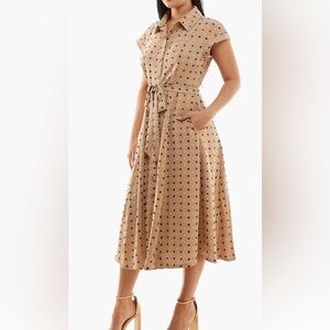 Nina Leonard Polka Dot Midi Dress Collared Buttons Waist Tie Neutrals